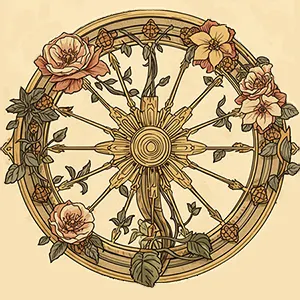 Zeichnung eines güldenen Wagenrads, umrankt von Blumen, altertümlich anmutend